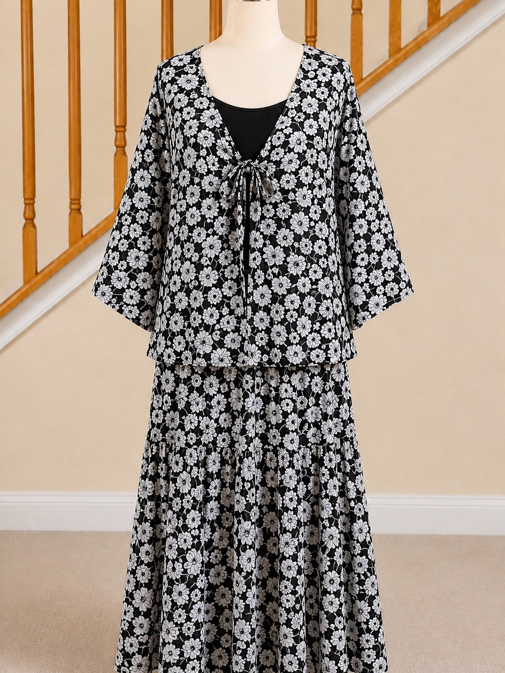 Sag Harbor Black and White Floral Tie-Front Maxi Dress